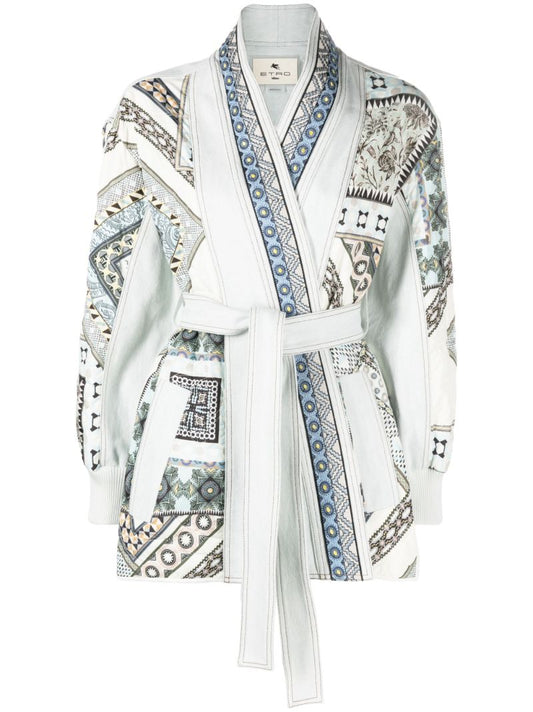 Blue Paisley Print Belted Jacket
