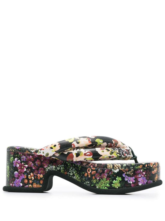 Black Floral Print Leather Sandals