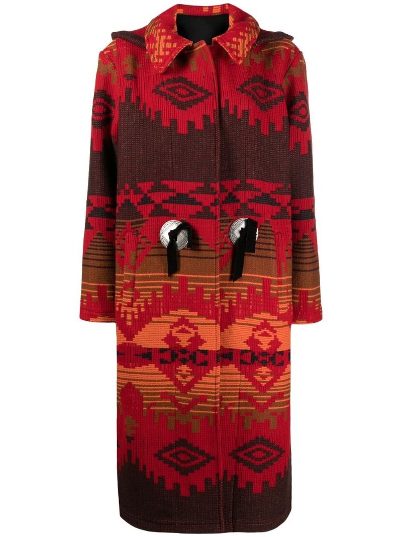 Red Geometric Jacquard Wool Coat