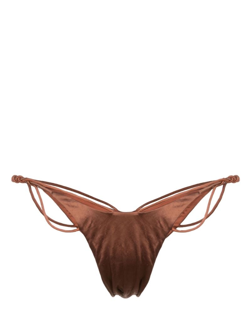 Brown Knot-detail Satin Bikini Bottoms