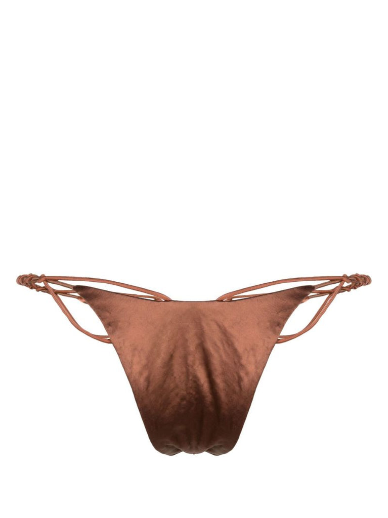 Brown Knot-detail Satin Bikini Bottoms