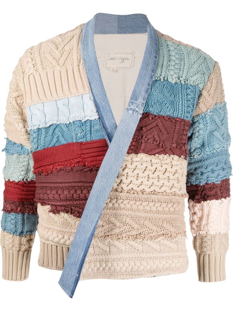 Blue Patchwork Denim-trim Cotton Cardigan