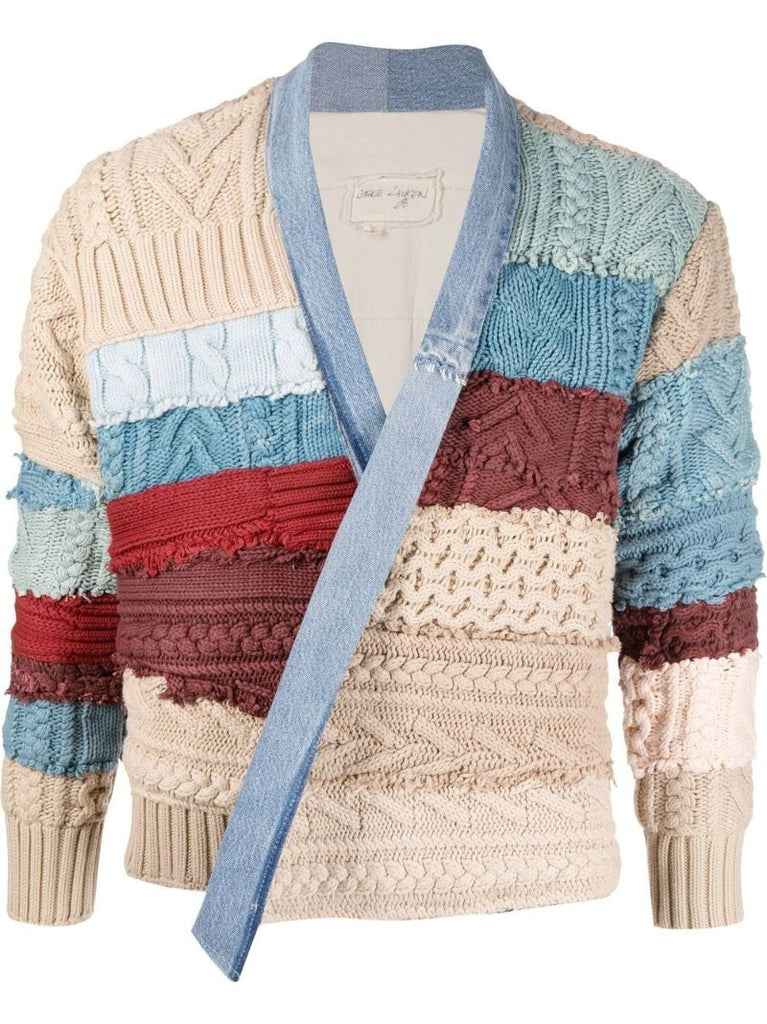 Blue Patchwork Denim-trim Cotton Cardigan