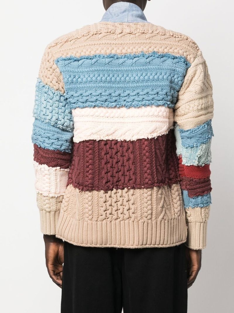 Blue Patchwork Denim-trim Cotton Cardigan