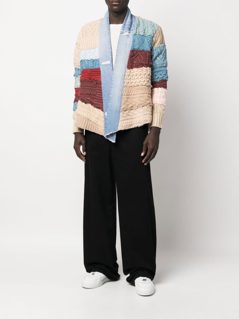 Blue Patchwork Denim-trim Cotton Cardigan