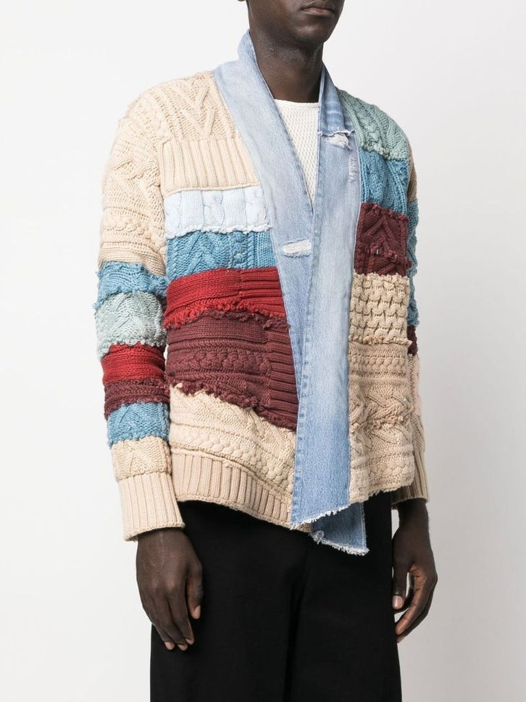 Blue Patchwork Denim-trim Cotton Cardigan