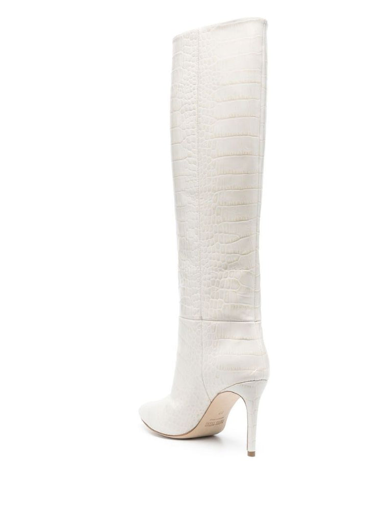 White 105 Crocodile Embossed Knee-high Boots