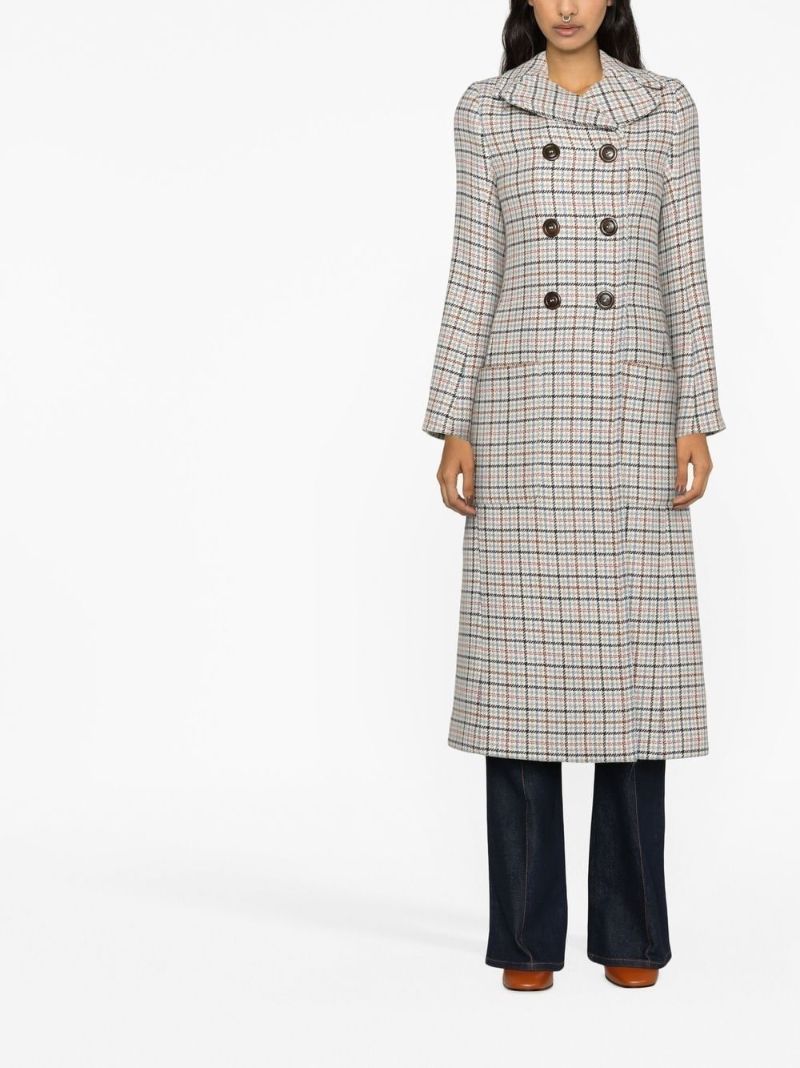 Neutral Check Double-breasted Coat