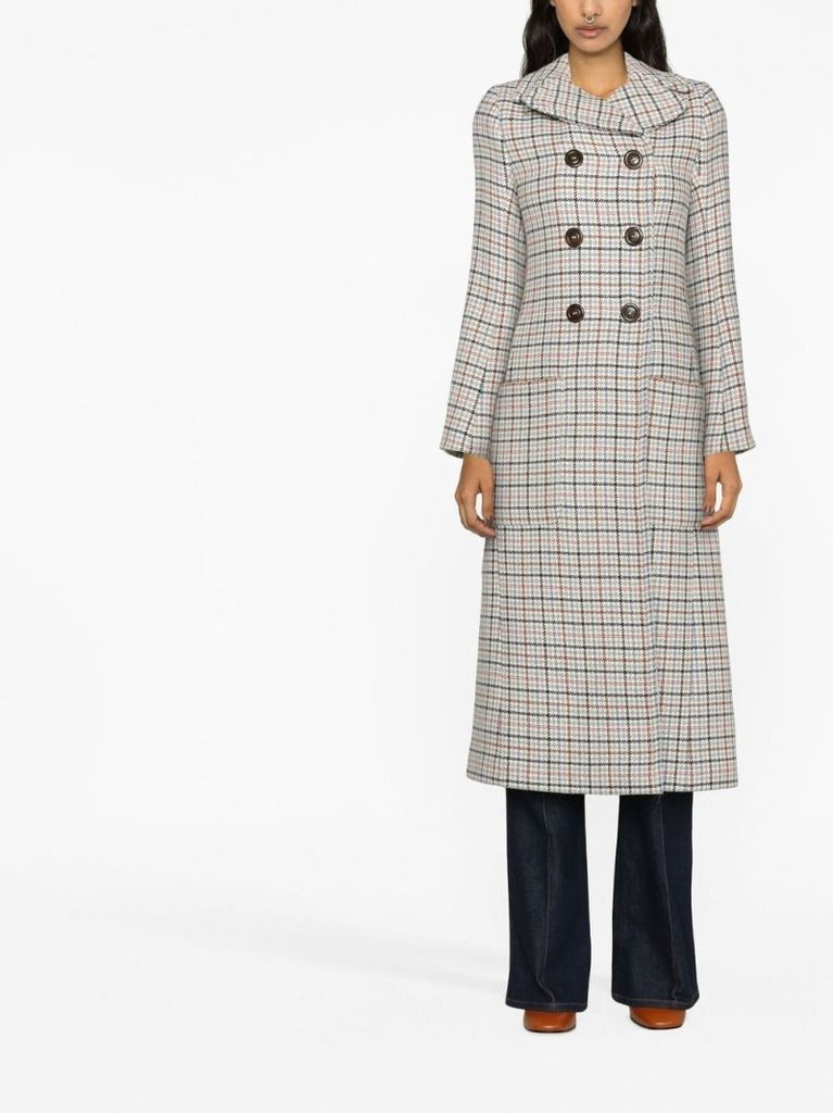 Neutral Check Double-breasted Coat