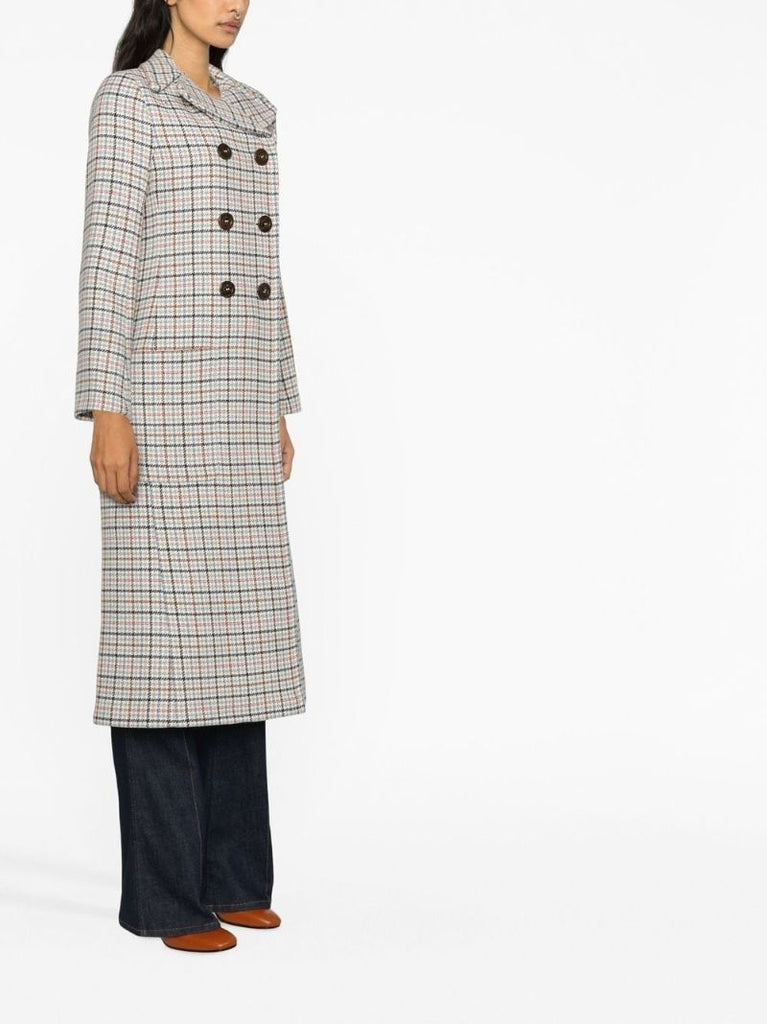 Neutral Check Double-breasted Coat