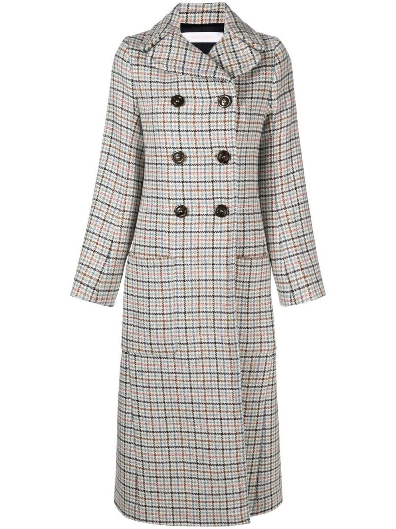 Neutral Check Double-breasted Coat