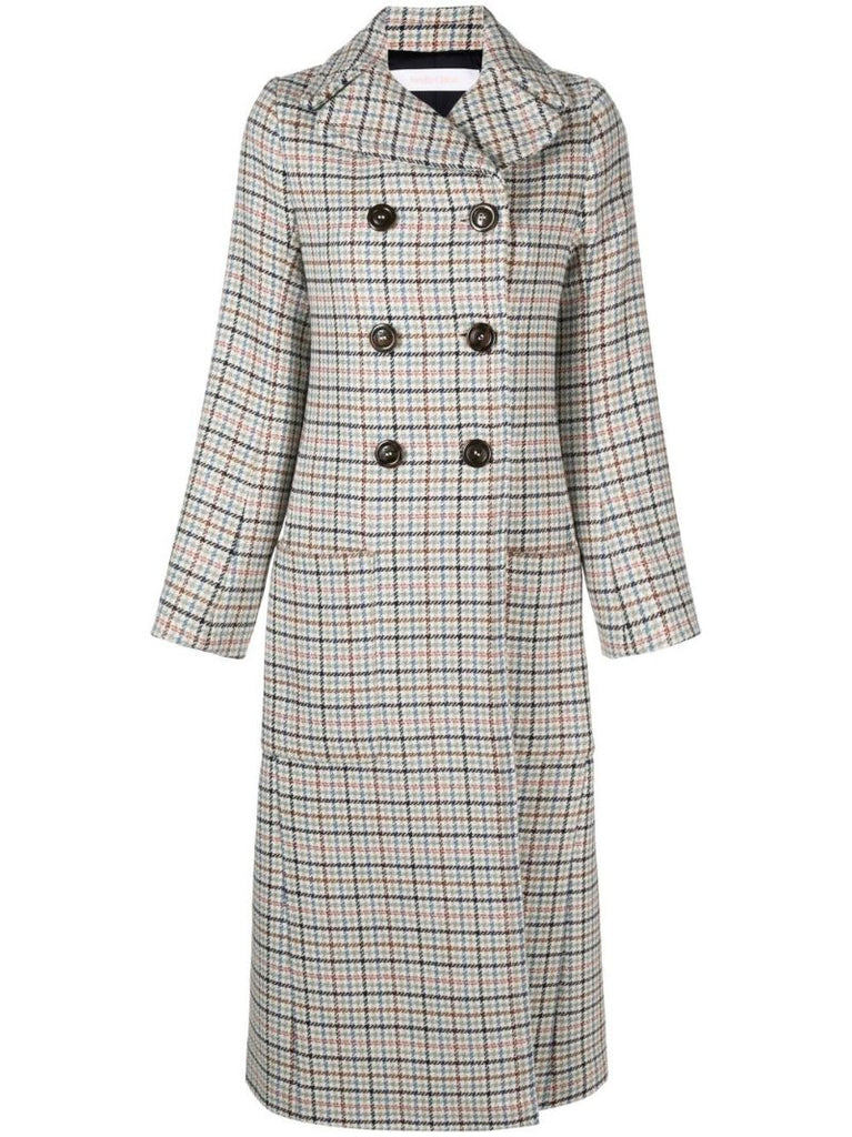 Neutral Check Double-breasted Coat