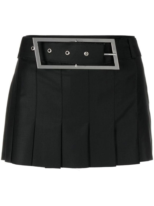 Black Belted Pleated Mini Skirt