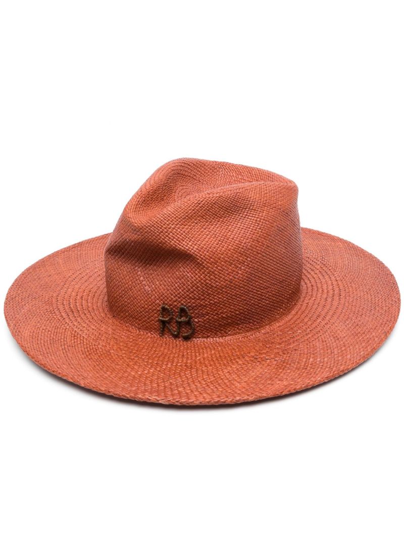 Brown Logo-embroidered Straw Fedora Hat