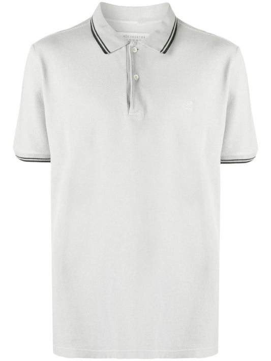 Grey Cotton Stripe Trim Polo Shirt