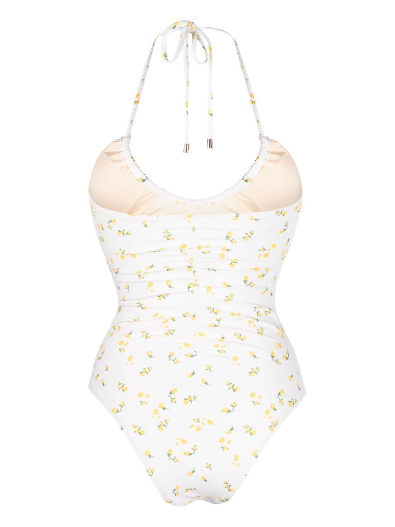 White Floral Print Ruched Swimsuit