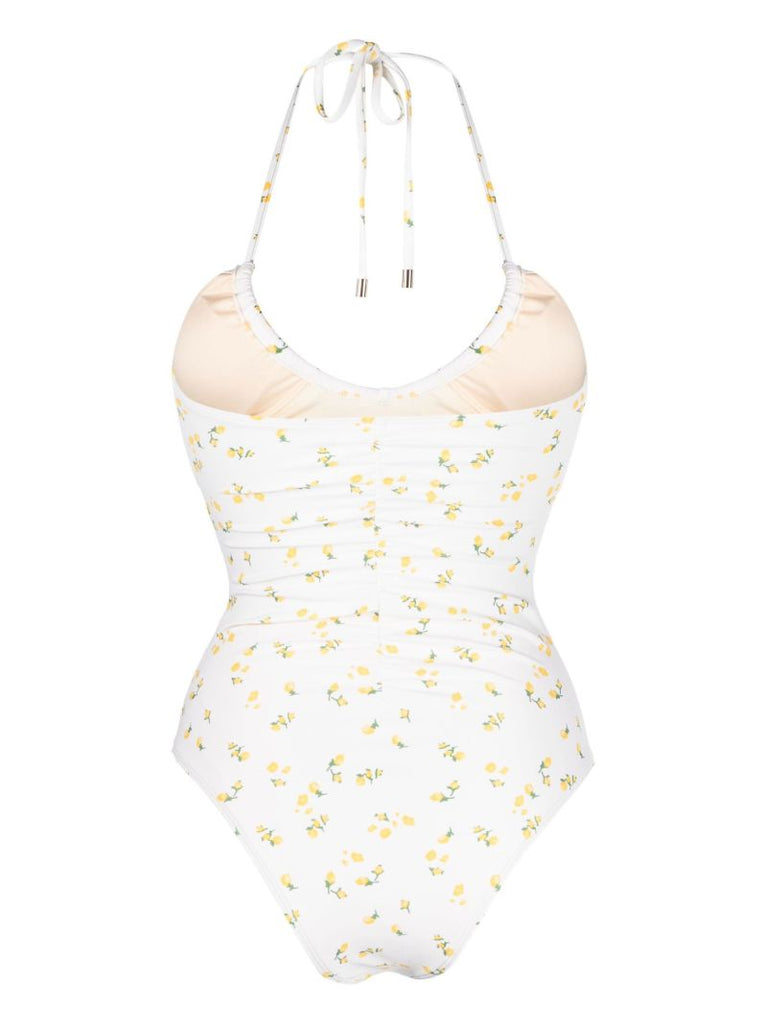 White Floral Print Ruched Swimsuit