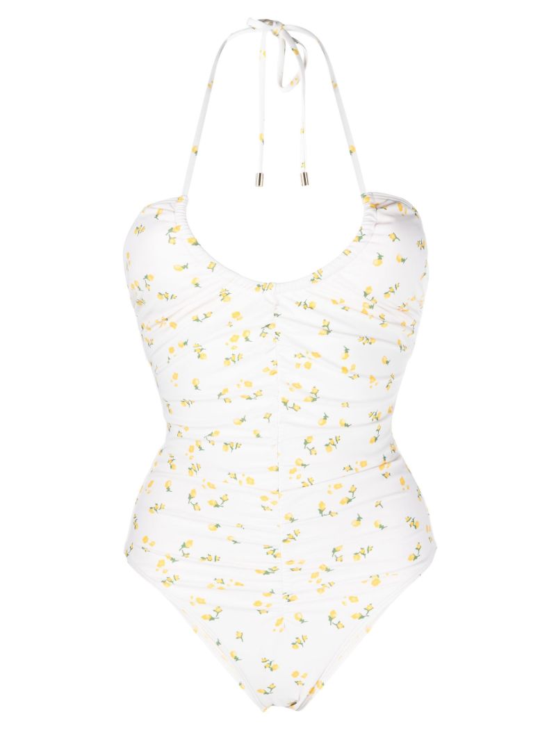 White Floral Print Ruched Swimsuit