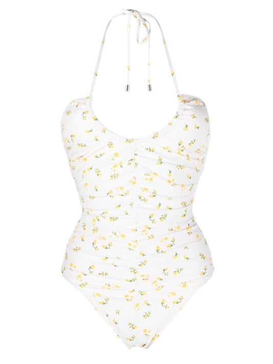 White Floral Print Ruched Swimsuit