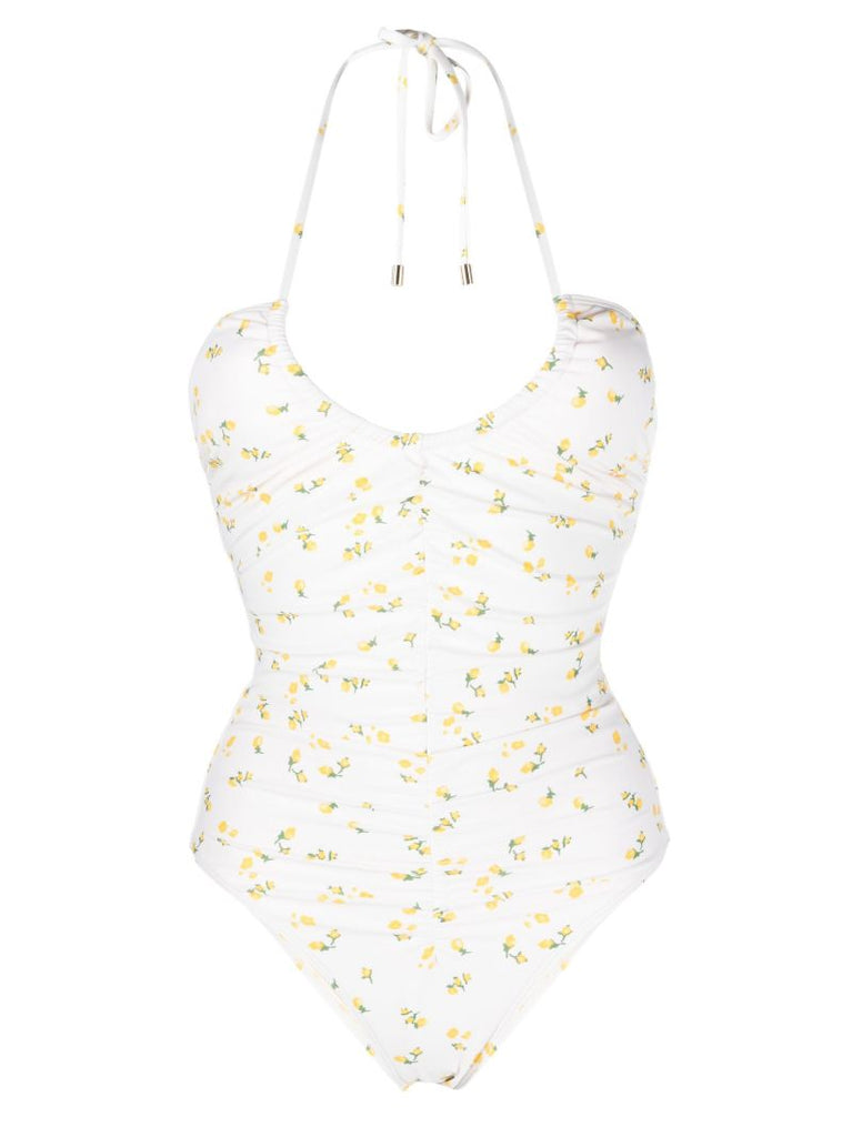 White Floral Print Ruched Swimsuit