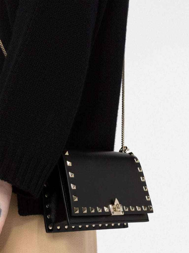 Black Rockstud Leather Cross Body Bag