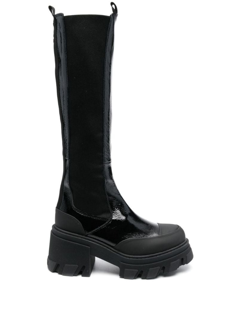 Black Cleated Patent Leather Chelsea Boots