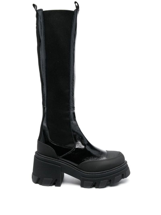 Black Cleated Patent Leather Chelsea Boots