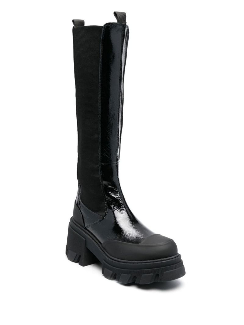 Black Cleated Patent Leather Chelsea Boots