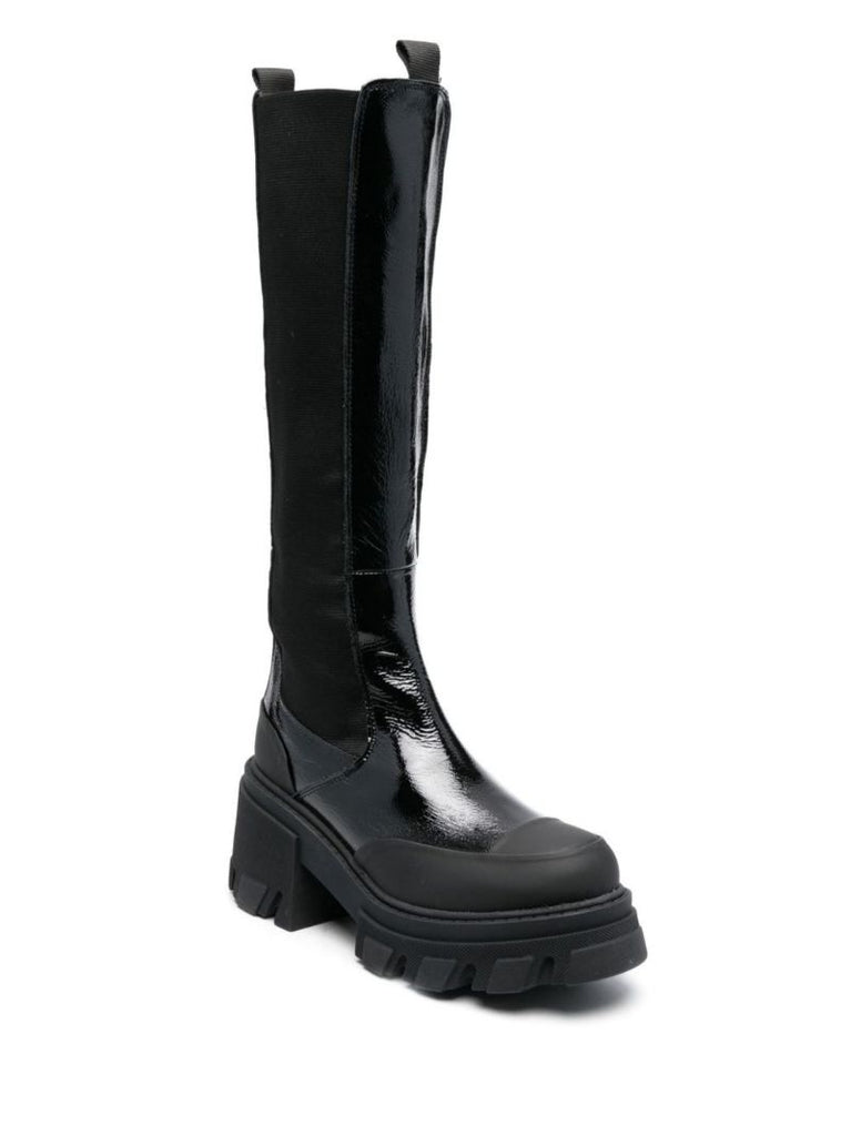 Black Cleated Patent Leather Chelsea Boots