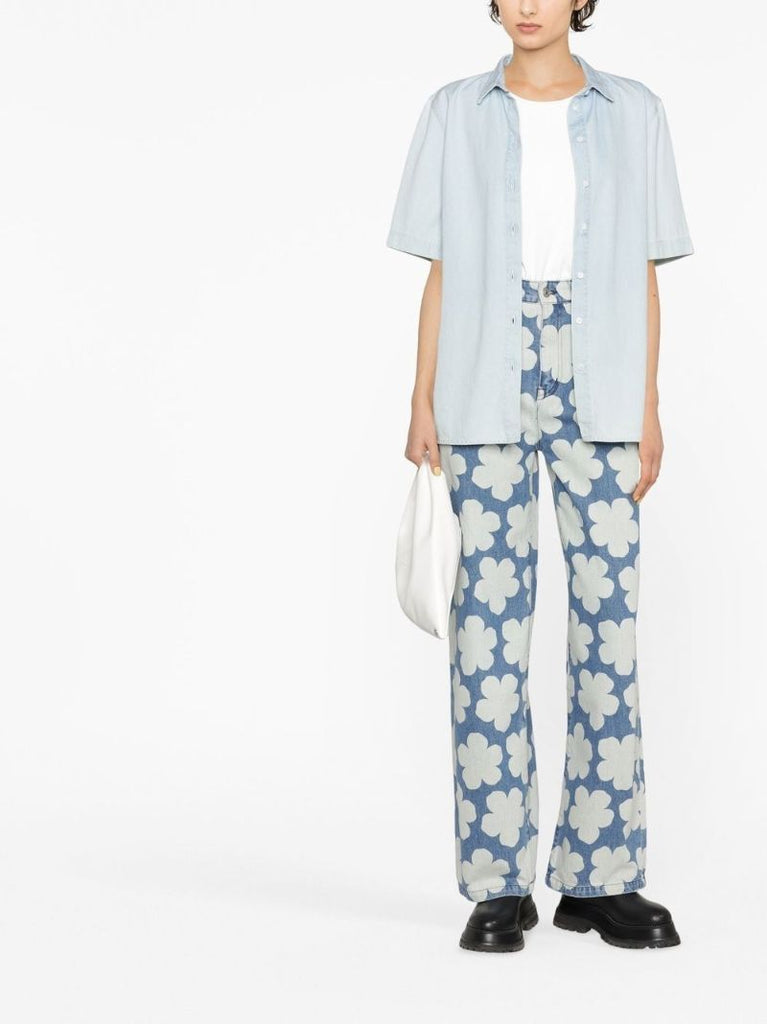 Blue Ayame Floral Print Wide-leg Jeans