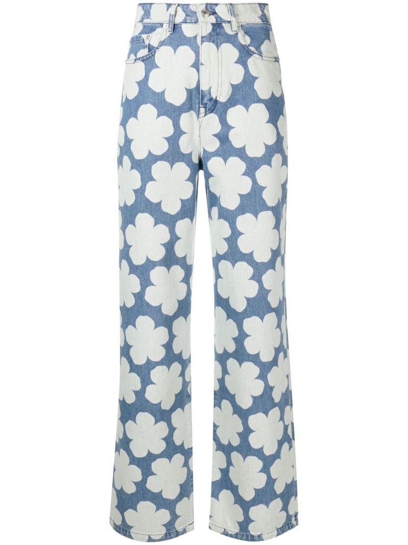 Blue Ayame Floral Print Wide-leg Jeans