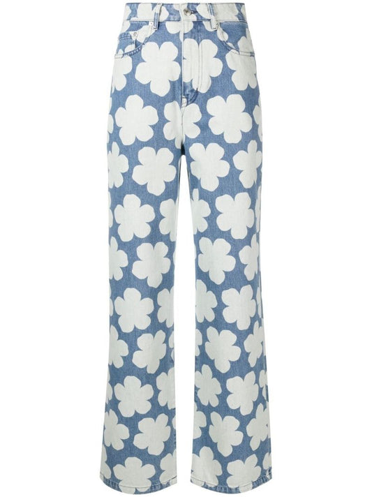 Blue Ayame Floral Print Wide-leg Jeans