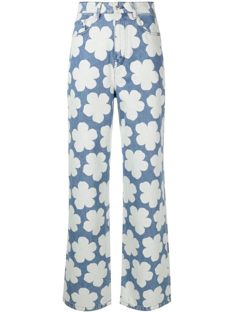 Blue Ayame Floral Print Wide-leg Jeans