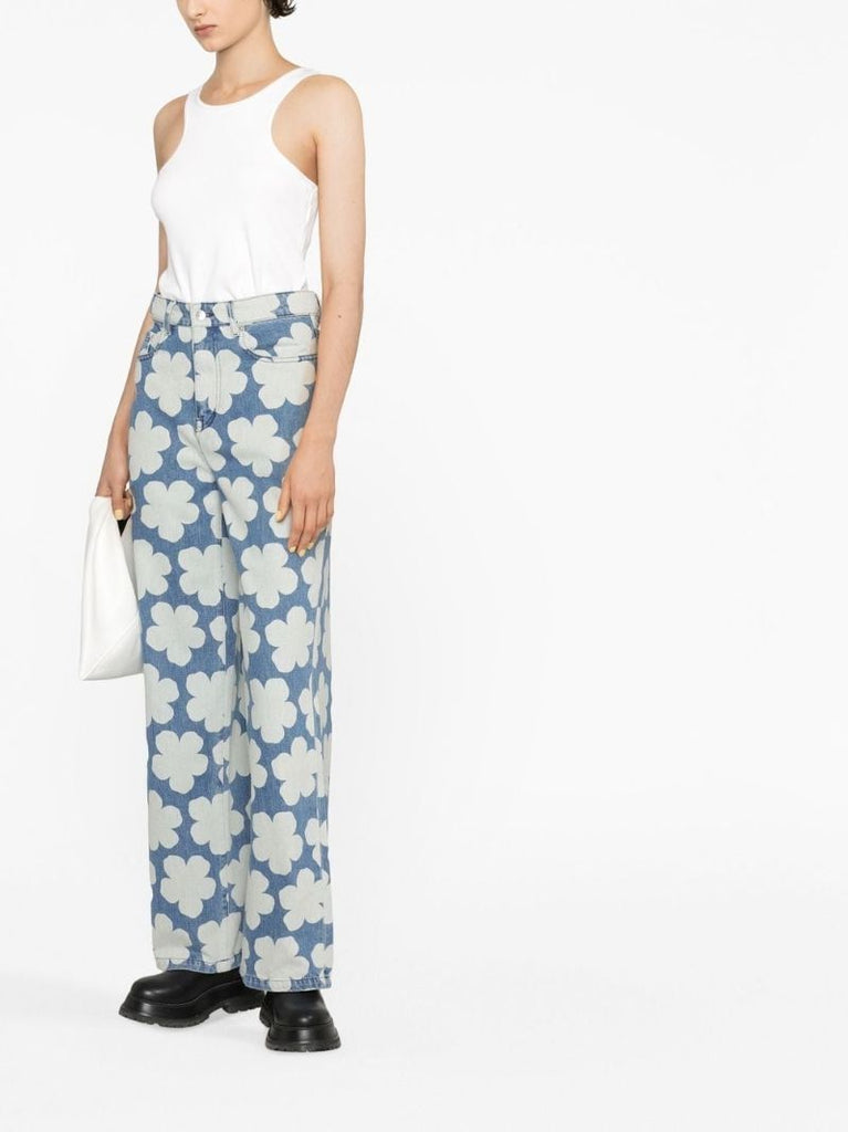 Blue Ayame Floral Print Wide-leg Jeans