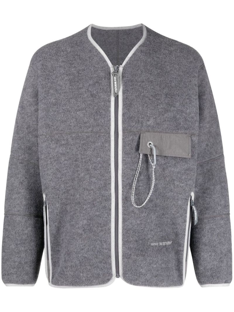 Grey Striped Trim Fleece Cardigan