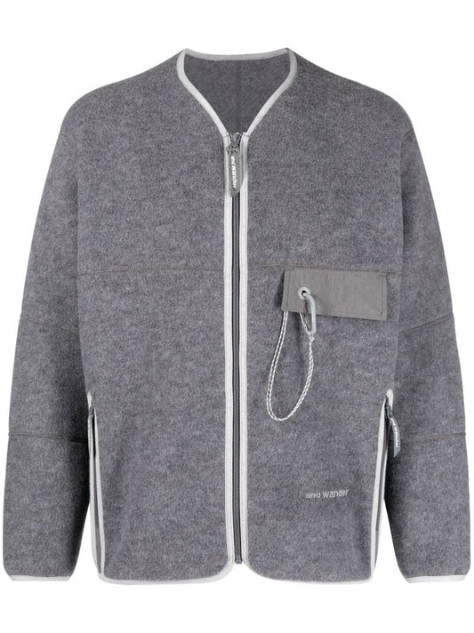 Grey Striped Trim Fleece Cardigan