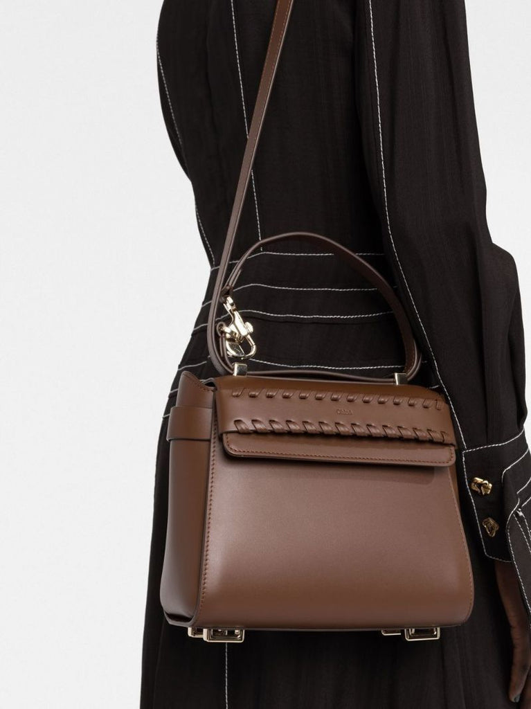 Brown Nacha Whipstitch Leather Shoulder Bag