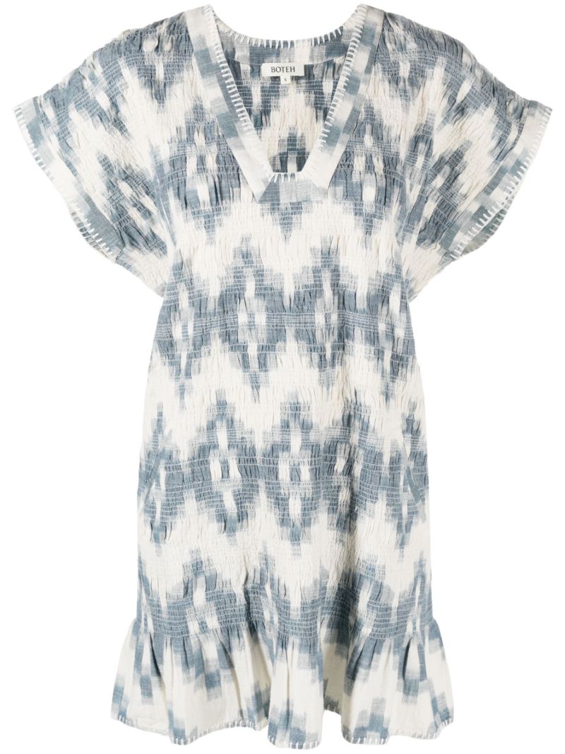 Blue Smocked Cotton Mini Dress