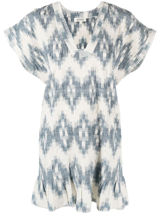 Blue Smocked Cotton Mini Dress