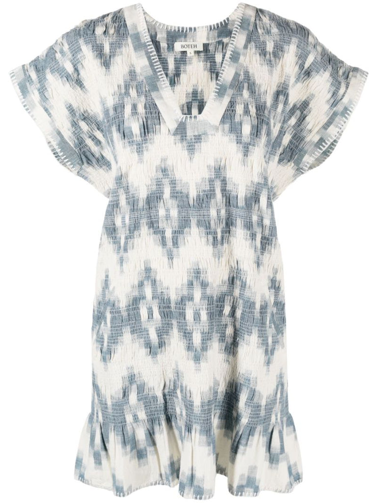 Blue Smocked Cotton Mini Dress