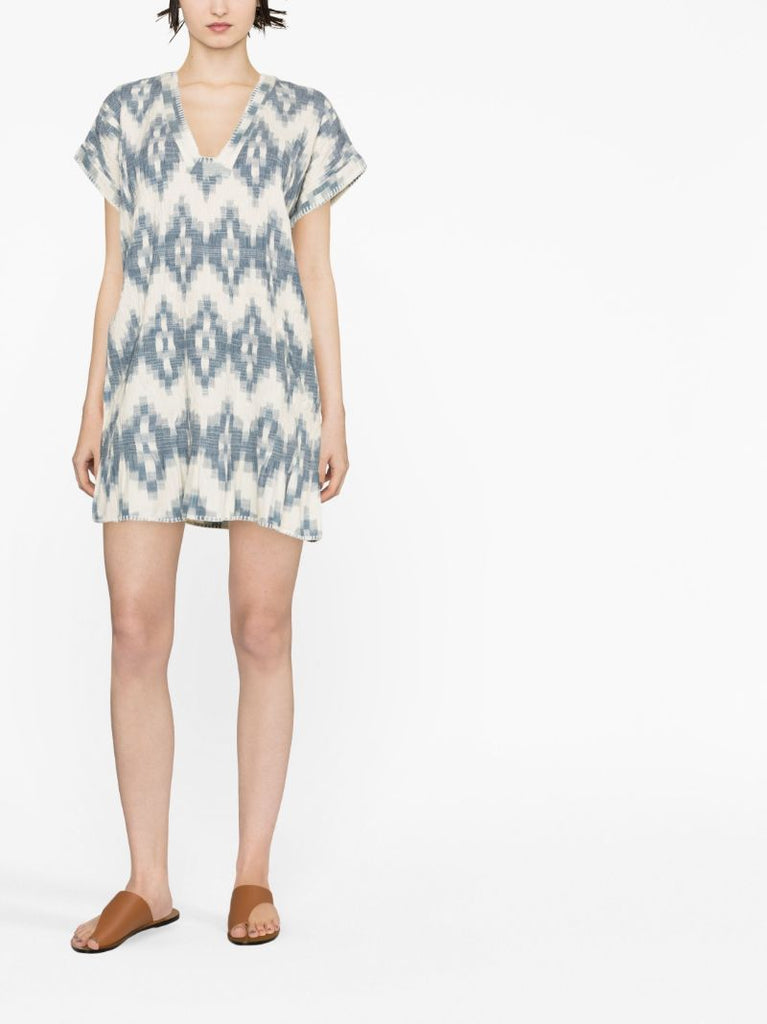 Blue Smocked Cotton Mini Dress