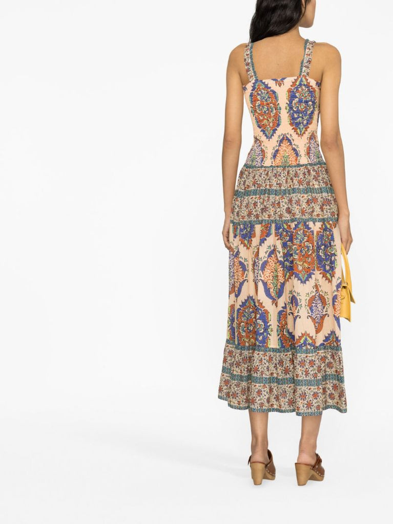 Neutral Clementine Print Shirred Organic Cotton Dress