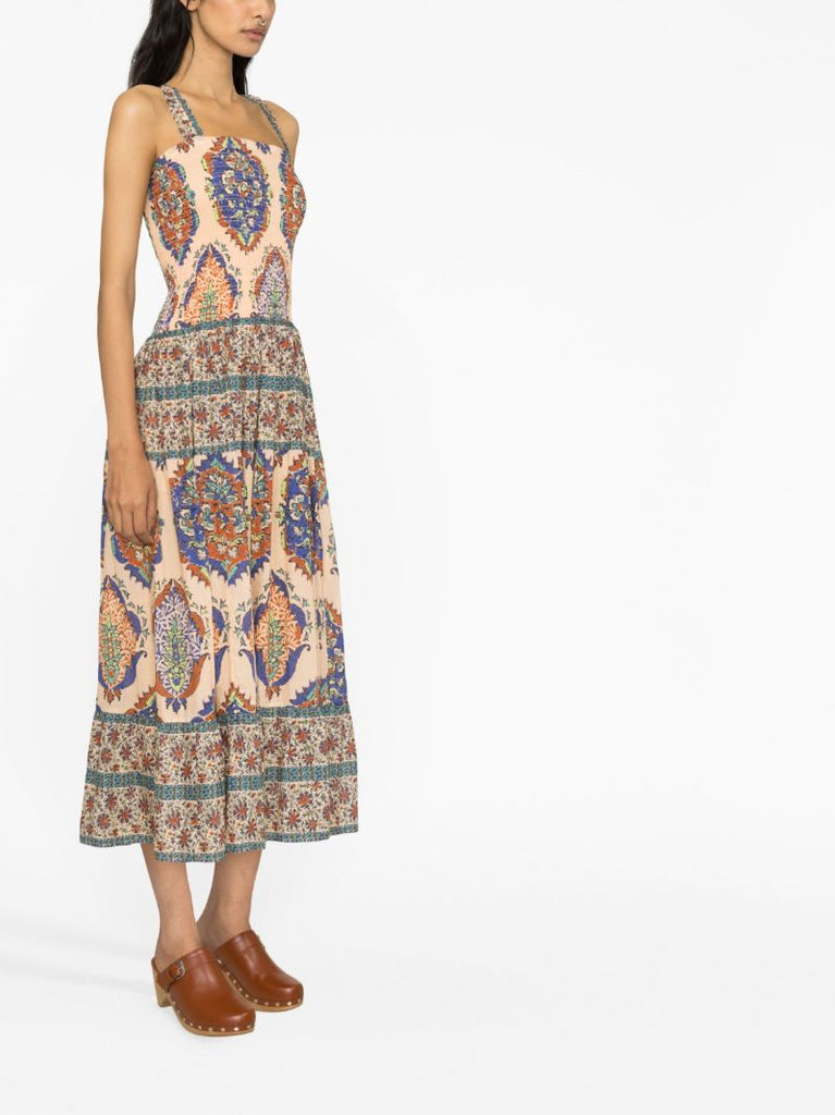 Neutral Clementine Print Shirred Organic Cotton Dress