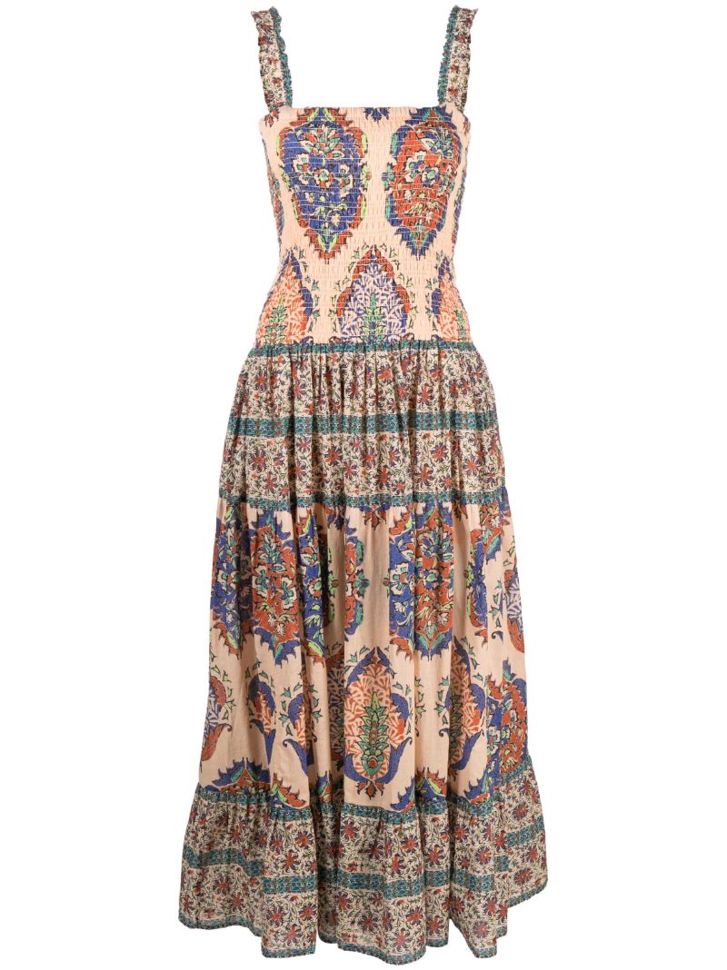 Neutral Clementine Print Shirred Organic Cotton Dress