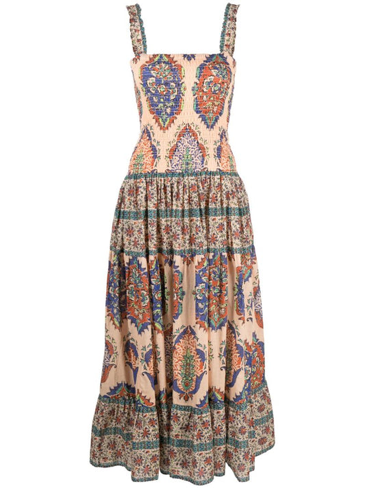 Neutral Clementine Print Shirred Organic Cotton Dress