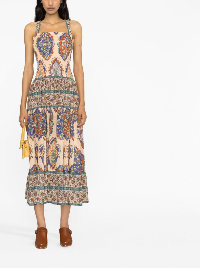 Neutral Clementine Print Shirred Organic Cotton Dress