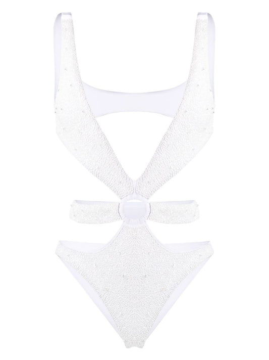 White Carlotta Cut-out Beaded Swimsuit