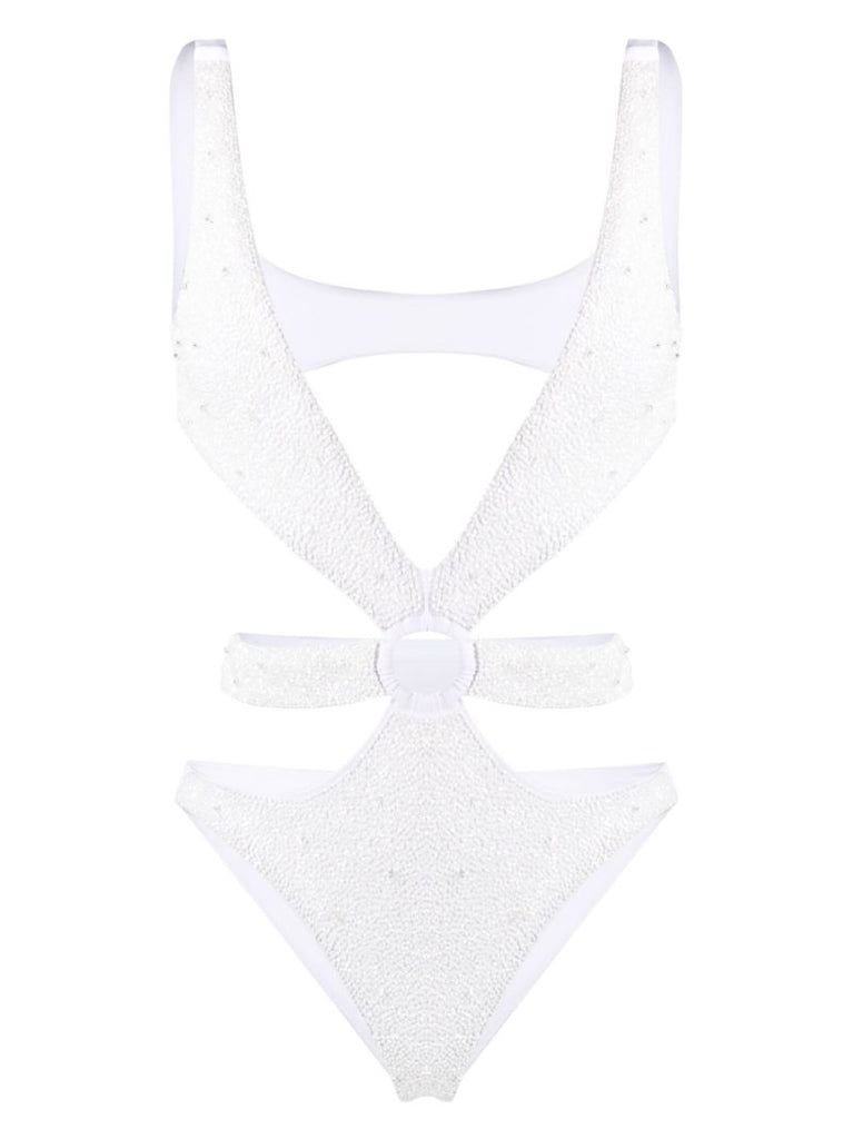 White Carlotta Cut-out Beaded Swimsuit