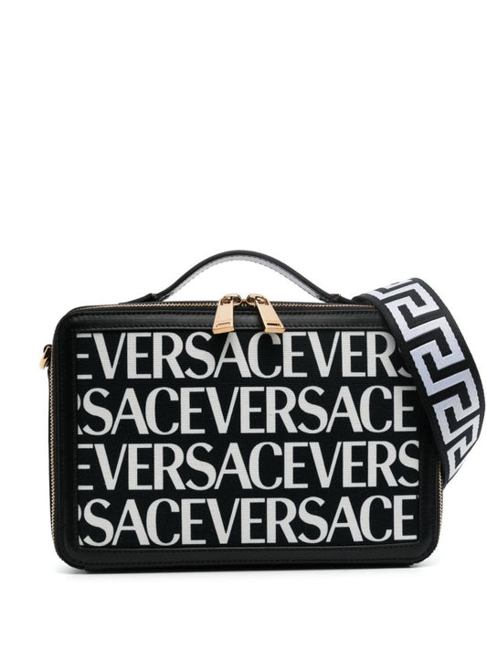 Black Logo Print Leather Cross Body Bag
