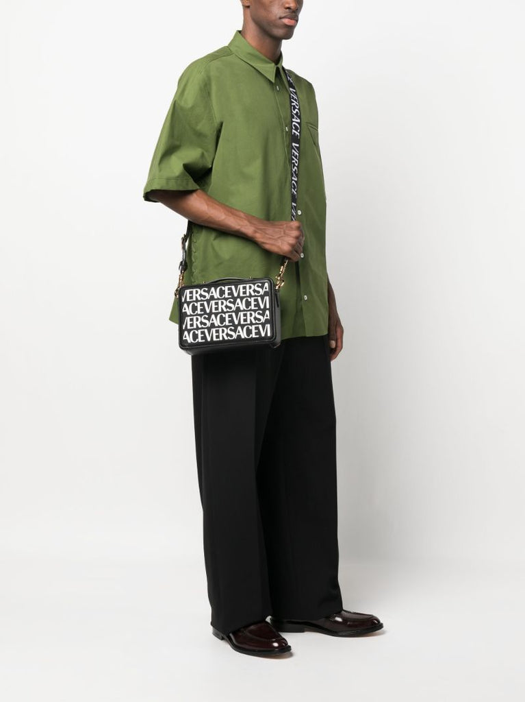 Black Logo Print Leather Cross Body Bag